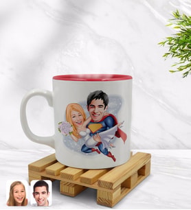 BK Gift Kişiye Özel Sevgililer Karikatürlü İçi Kırmızı Renkli Kupa Bardak Model 92