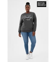 Kadın Büyük Beden El Yazılı Brooklyn Baskılı  Bisiklet Yaka İnce Sweatshirt SPR26BSWK956-6 (Füme)