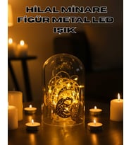 Ramazan Minare Detaylı Hilal LED Işık Günışığı Sarı Metal Süs