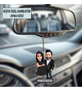 Kişiye Özel Fotoğraflı 2 Kişilik Sevgili Evli Karikatürlü 10 cm MDF Araç Dikiz Aynası Süsü - Sevgiliye ve Eşe Hediye Çiftlere Özel Hediye