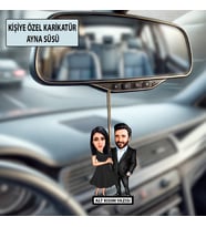 Kişiye Özel Fotoğraflı 2 Kişilik Sevgili Evli Karikatürlü 10 cm MDF Araç Dikiz Aynası Süsü - Sevgiliye ve Eşe Hediye Çiftlere Özel Hediye