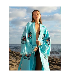 Müslin Kimono %100 Pamuklu Göz Desenli Bornoz Kaftan Sabahlık (Turkuaz)
