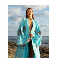 Müslin Kimono %100 Pamuklu Göz Desenli Bornoz Kaftan Sabahlık (Turkuaz)