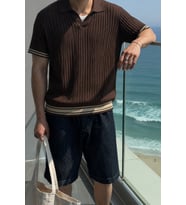 Oversize Fit Çizgili Triko Polo Yaka Erkek Tişört – Ribana Dokulu Premium Yazlık Model