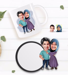 BK Gift Kişiye Özel Sevgililer Karikatürlü Beyaz Kupa ve Ahşap Bardak Altlığı Hediye Seti-61