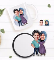 BK Gift Kişiye Özel Sevgililer Karikatürlü Beyaz Kupa ve Ahşap Bardak Altlığı Hediye Seti-61