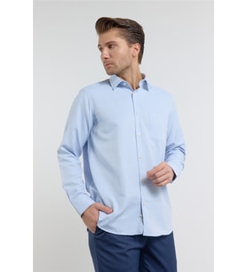 Mavi Kendinden Desenli Sert Yaka Uzun Kol Cepli Comfort Fit Pamuklu Gömlek 1004255223