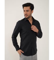 Siyah Erkek Slim Fit Düz Klasik Yaka Uzun Kol Gömlek