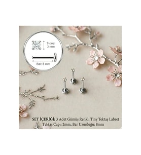 3 Adet Mini Tektaş Cerrahi Çelik Piercing Tragus Helix Kıkırdak Conch Gold - Gümüş Renk 8 mm 2mm Taş