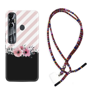 Tecno Spark 6 6 Go 8C 8 Pro 7 7 Pro Kılıf Boyun Asklı Rasta Silikon Strip Pink Flowers 1396