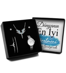 Öğretmenler Gününe Özel Kutulu Gümüş Renk Kaplama Mikail Melek Kolye & 2'li Küpe & 2'li Bileklik & Saat Hediye Seti