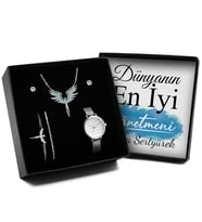 Öğretmenler Gününe Özel Kutulu Gümüş Renk Kaplama Mikail Melek Kolye & 2'li Küpe & 2'li Bileklik & Saat Hediye Seti