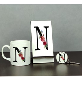 N Harfi Üçlü Set (Kupa + Telefon Standı + Anahtarlık)