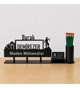 Maden Mühendisi Masa İsimliği - Kişiye Özel, Mesleklere Özel İsimlik - Metal Ofis İsimliği, Kalemlik ve Kartlık Seti- Yeni İş, Terfi Hediyesi