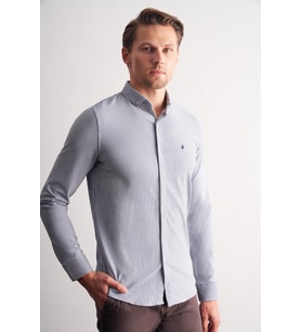 Koyu Lacivert Smart Düğmeli Yaka Uzun Kol Cepsiz Slim Fit Casual Gömlek 1004255166