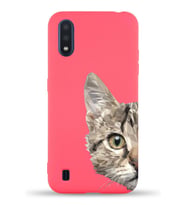 Samsung Galaxy M01 Uyumlu Lansman Kılıf Catface Tasarımlı İçi Kadife Kapak-Neon Pembe (Şeffaf)