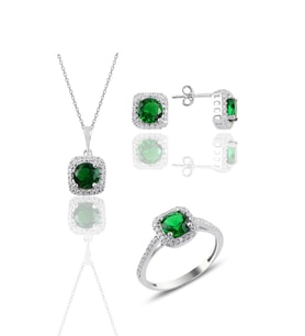 Söğütlü Silver Gümüş rodyumlu kök zümrüt taşlı kare üçlü set