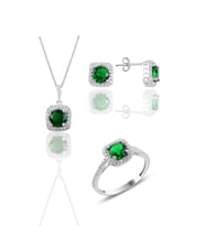 Söğütlü Silver Gümüş rodyumlu kök zümrüt taşlı kare üçlü set
