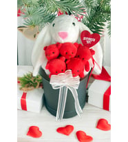SOLE Premium Özel Hediye Kutusunda 45 cm Beyaz Bunny Tavşan ve 5 Adet Kırmızı Peluş Ayıcık Buketi