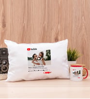 Kişiye Özel Youtube Tasarım Fotoğraflı Dikdörtgen Yastık ve Kırmızı Kupa