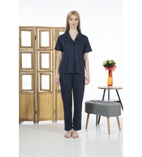 Estiva 24151 Kadın Kısa Kol Boydan Düğmeli Gömlek Pijama Takımı (Lacivert)