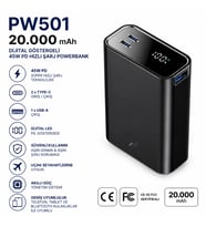 45W Turbo Hızlı Şarj Power Bank 20000 mAh, Led Ekranlı Taşınabilir Harici Pil, Çift Hızlı Type-C + 22.5W USB Çıkışlı Taşınabilir Güç Kaynağı