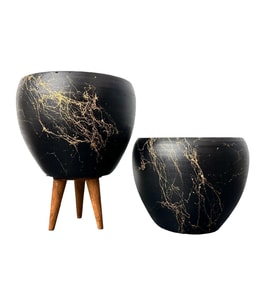 Bitki Tasarımı Siyah Üzeri Gold Mermer Efektli Toprak Saksı Saksılık Salon Çiçeklik İkili Set Ayaksız - 3 Ayaklı- 15 Cm