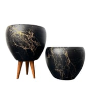 Bitki Tasarımı Siyah Üzeri Gold Mermer Efektli Toprak Saksı Saksılık Salon Çiçeklik İkili Set Ayaksız - 3 Ayaklı- 15 Cm
