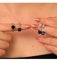 925 Ayar Gümüş Safir Zirkon Taşlı Lotus Motifli Set