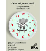İsme Özel Kaykaylı Sevimli Fil Çocuk Odası Duvar Saati Orta Boy 30 cm Beyaz Camlı Sessiz