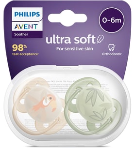 Avent Ultra Soft Emzik, Erkek Bebekler için 0‑6 Ay, 2'li Paket, Ortodontik Silikon, FlexiFit Kalkanlı, Ultra Yumuşak, BPA İçermez, Taşıma Kutulu, SCF091/07