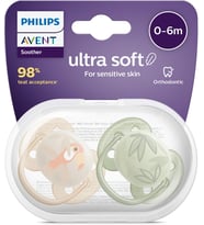 Avent Ultra Soft Emzik, Erkek Bebekler için 0‑6 Ay, 2'li Paket, Ortodontik Silikon, FlexiFit Kalkanlı, Ultra Yumuşak, BPA İçermez, Taşıma Kutulu, SCF091/07