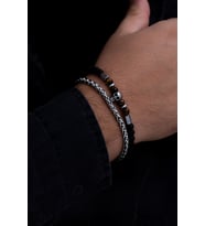 Erkek Çelik Bileklik - Kurukafa Motifli Boncuklu Çelik Bileklik (Gümüş)