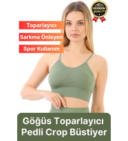 Göğüs Toparlayıcı Sarkma Önleyen Gündelik Spor Kullanım İnce İp Askılı Pedli Çizgili Crop Büstiyer (Yeşil)