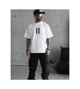 Unisex Bisiklet Yaka Baskılı Oversize T-Shirt - Beyaz