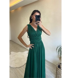Neşeli butik kadın drapeli ışıltılı kalın askılı abiye elbise NM003 (Zümrüt Yeşili)