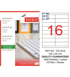 Tanex Lazer Etiket tw-2216 100 A4 Sayfa Laser Etiket 105 x 35 mm Boyutunda 1 A4 Sayfada 16 Etiket