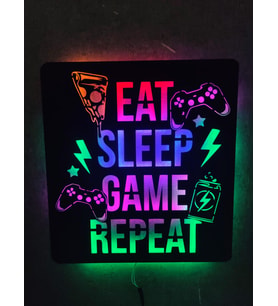 Gamer Led Işıklı Ahşap Tablo -eat Sleep Game Repeat(2 metre kablo)