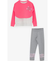 Breeze Kız Çocuk Taytlı Takım Yazı Çiçek Baskılı 8-12 Yaş, Neon Pembe
