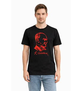 Erkek Atatürk Baskılı Tişört Kısa Kollu Bisiklet Yaka T-Shirt - Siyah