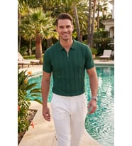 DeepSEA Erkek Fermuarlı Polo Yaka Çizgi Dokulu Siyah Triko Tişört Regular Fit Yumuşak Dokulu 2608007