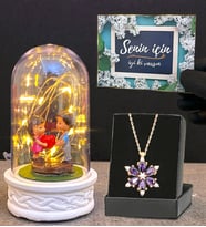Gerçek Ametist Taşlı Lotus Kolye ve Led Işıklı Tasarım Fanus Hediye Seti (Model 4)