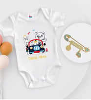 BK Kids Kişiye Özel Sevimli Sürücü Tasarımlı Beyaz Bebek Body Zıbın ve Erkek Bebek İğnesi Hediye Seti-1