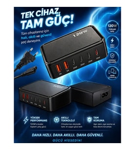Süper Hızlı 120W Çoklu Şarj Aleti  Aynı Anda 6 Cihaz Şarj 120W Hızlı Şarj İstasyonu  Çoklu USB & Type-C Girişli Akıllı Şarj Cihazı