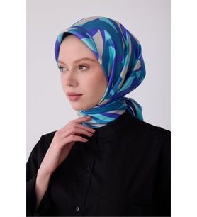 Belli Saks Çok Renkli Geometrik Desen %100 Twill İpek Eşarp 4327-51