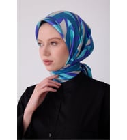 Belli Saks Çok Renkli Geometrik Desen %100 Twill İpek Eşarp 4327-51