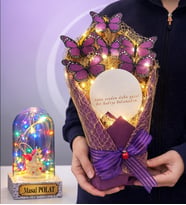 Led Işıklı Aynalı Mor Kelebek Buketi Kişiye Özel Renkli Işıklı Fanus Hediyeli (Model 6)