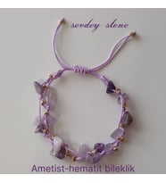Ametist-hematit düğümlü %100 doğal taş tasarım makrome bileklik (Lila - Mor)