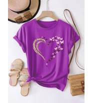Unisex Leopar Kelebekli Kalp Tasarım Basklı Tshirt (Mor)