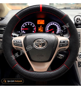 Toyota Verso Dikme Direksiyon Kılıfı Alcantara Süet Mat Karbon Kırmızı Yüzük ve Dikiş Elegant-Premium 2013-2018